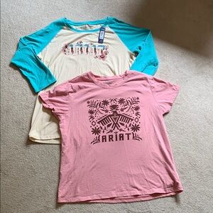 LOT OF 2 ARIAT Pink SHORT & Cream&blue NWT  3/4 Sleeve Tees Size L